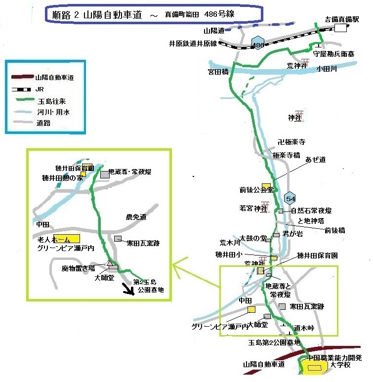 山陽自動車道から真備町箭田486号線までの略図