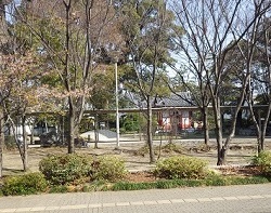朱色の山門がまばらに木の向こうに見える。