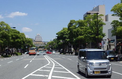 遠くに姫路城が見える。天気が良い日。改装後なので綺麗である。